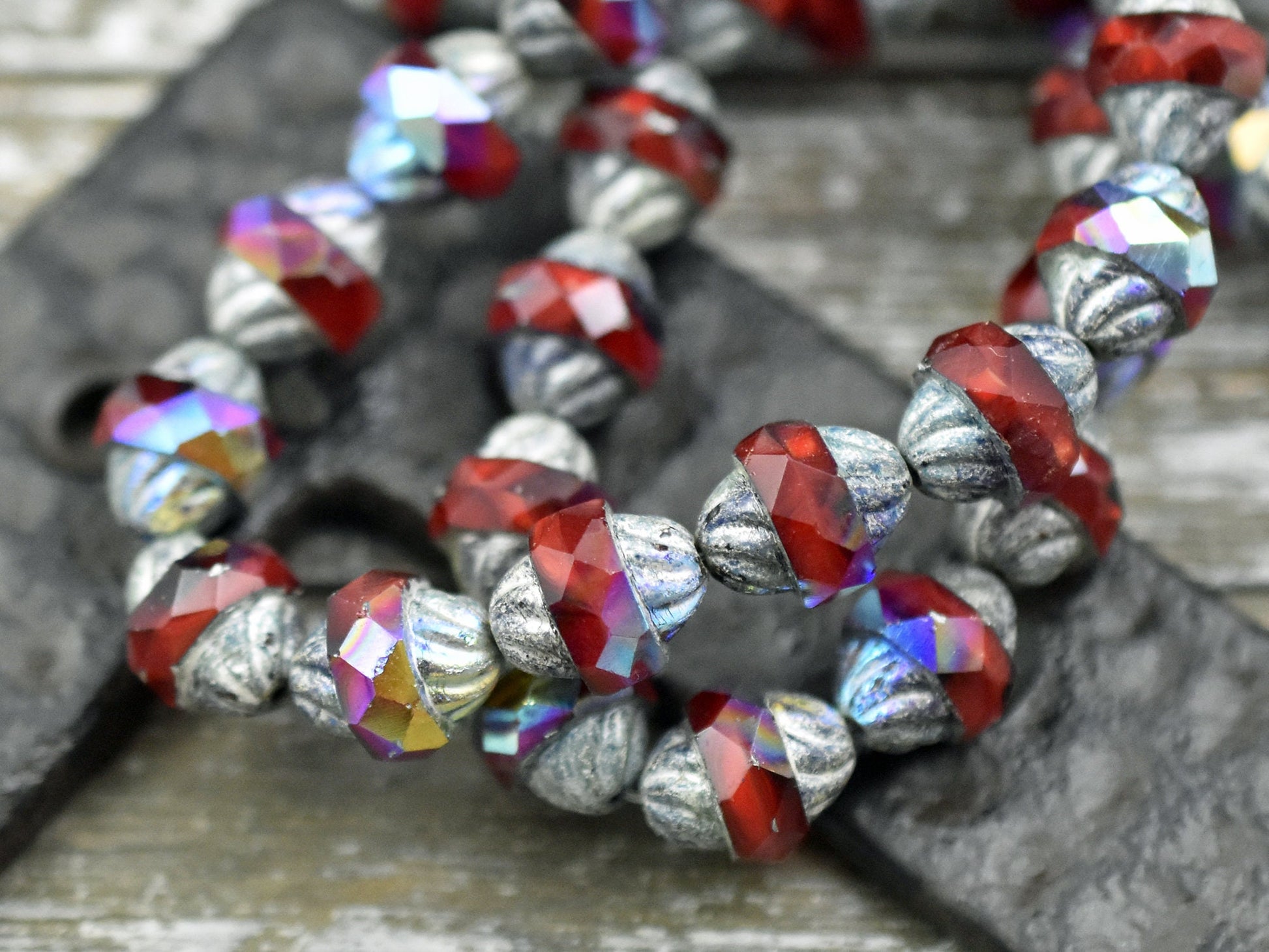 Czech Glass Beads - Cathedral Beads - Turbine Beads - Red Beads - Fire Polish Beads - 11x10mm - 6pcs (5595)