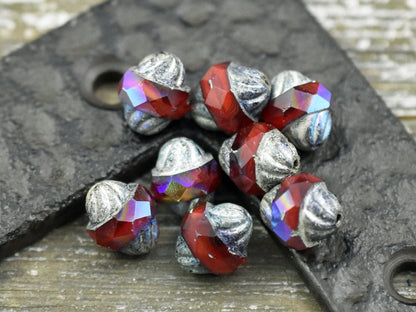 Czech Glass Beads - Cathedral Beads - Turbine Beads - Red Beads - Fire Polish Beads - 11x10mm - 6pcs (5595)