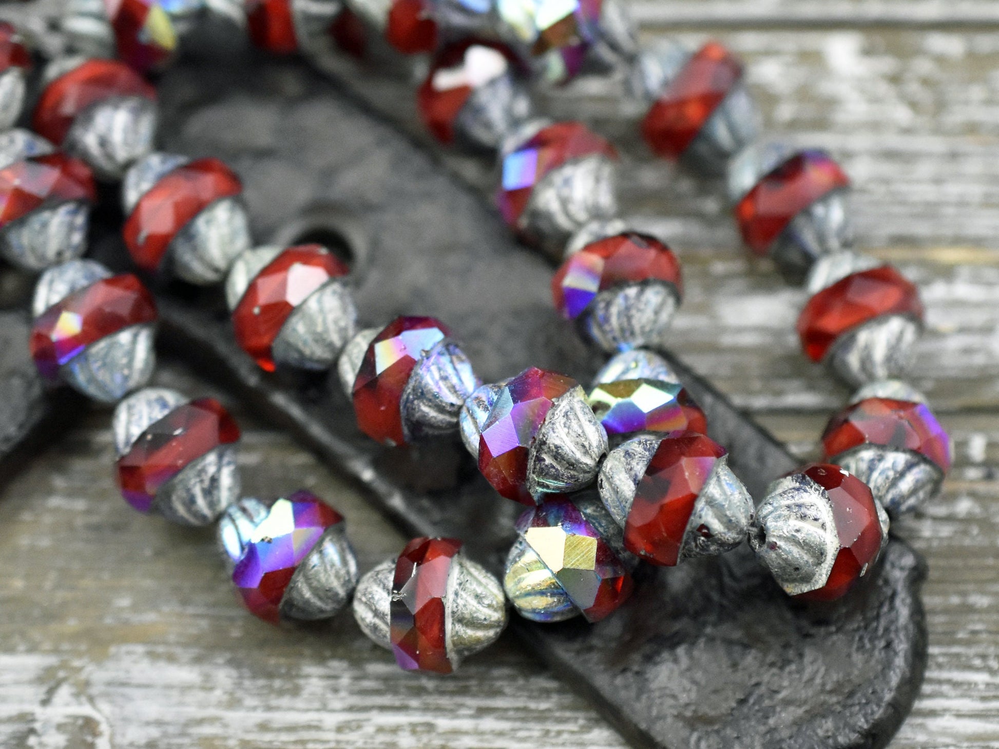Czech Glass Beads - Cathedral Beads - Turbine Beads - Red Beads - Fire Polish Beads - 11x10mm - 6pcs (5595)