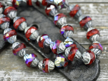 Czech Glass Beads - Cathedral Beads - Turbine Beads - Red Beads - Fire Polish Beads - 11x10mm - 6pcs (5595)