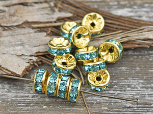 Gold w/Aqua Straight Edge Rhinestone Rondelle Spacer Beads