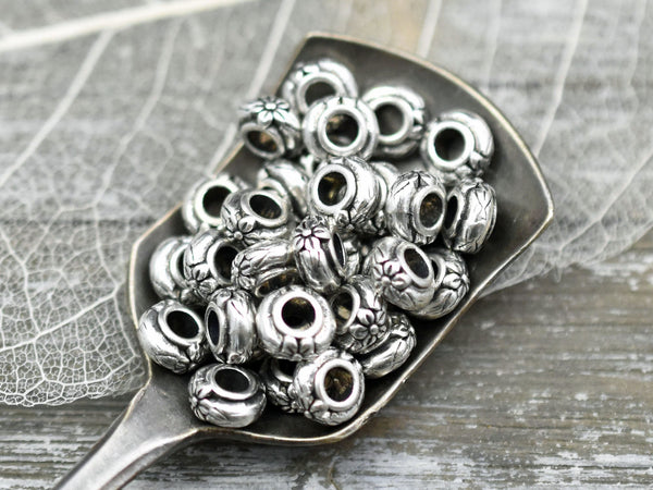 *50 6x4mm Antique Silver Large Hole Floral Rondelle Spacer Beads