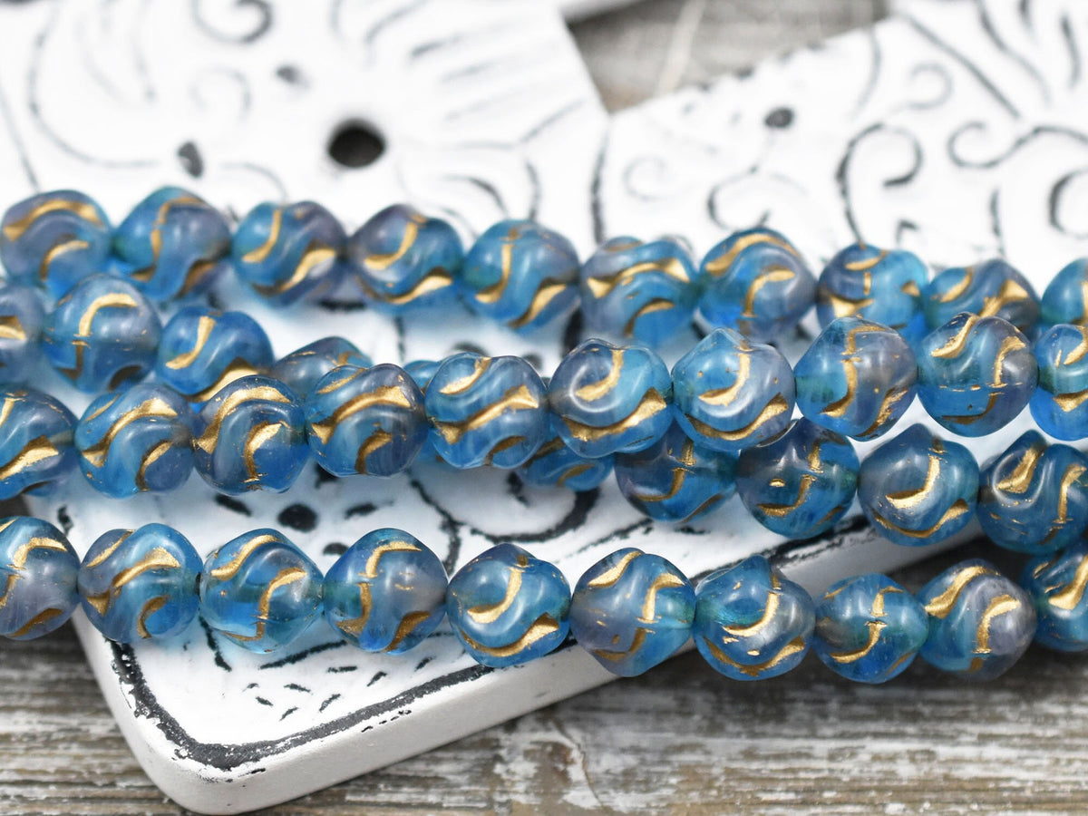 *15* 8mm Gold Washed Ocean Blue Crystal Round Love Knot Beads The