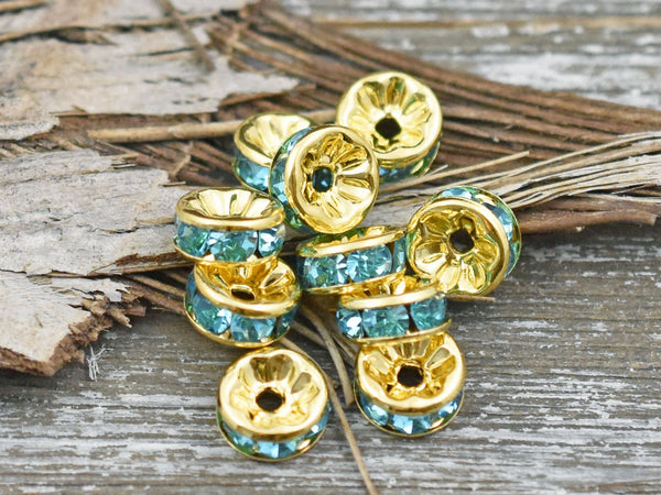 Gold W/Aqua Straight Edge Rhinestone Rondelle Spacer Beads 10mm SKU A452 Czech Glass Beads by GR8BEADS - The Bead Obsession