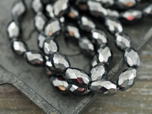 Czech Glass Beads - Fire Polish Beads - Hematite Grey Beads - Faceted Beads - Oval Beads - 12x8mm - 12pcs (B135)
