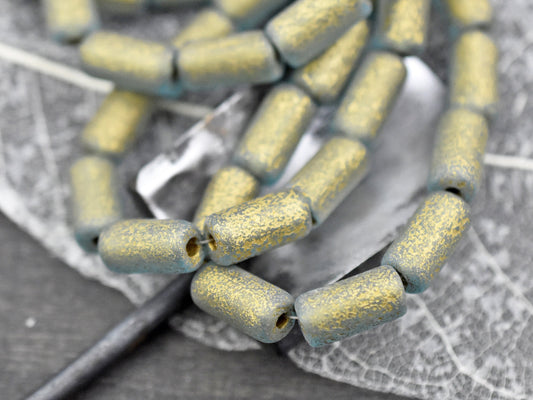 Tube Beads - Czech Glass Beads - New Czech Glass - Large Hole Beads - Etched Beads - Picasso Beads - 14x7mm - 10pcs (616)