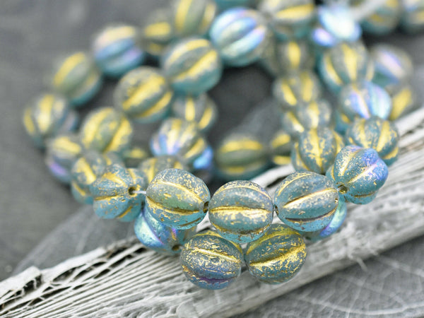 *6* 12mm Gold Washed Etched Blue Aqua AB Round Melon Beads, Women's