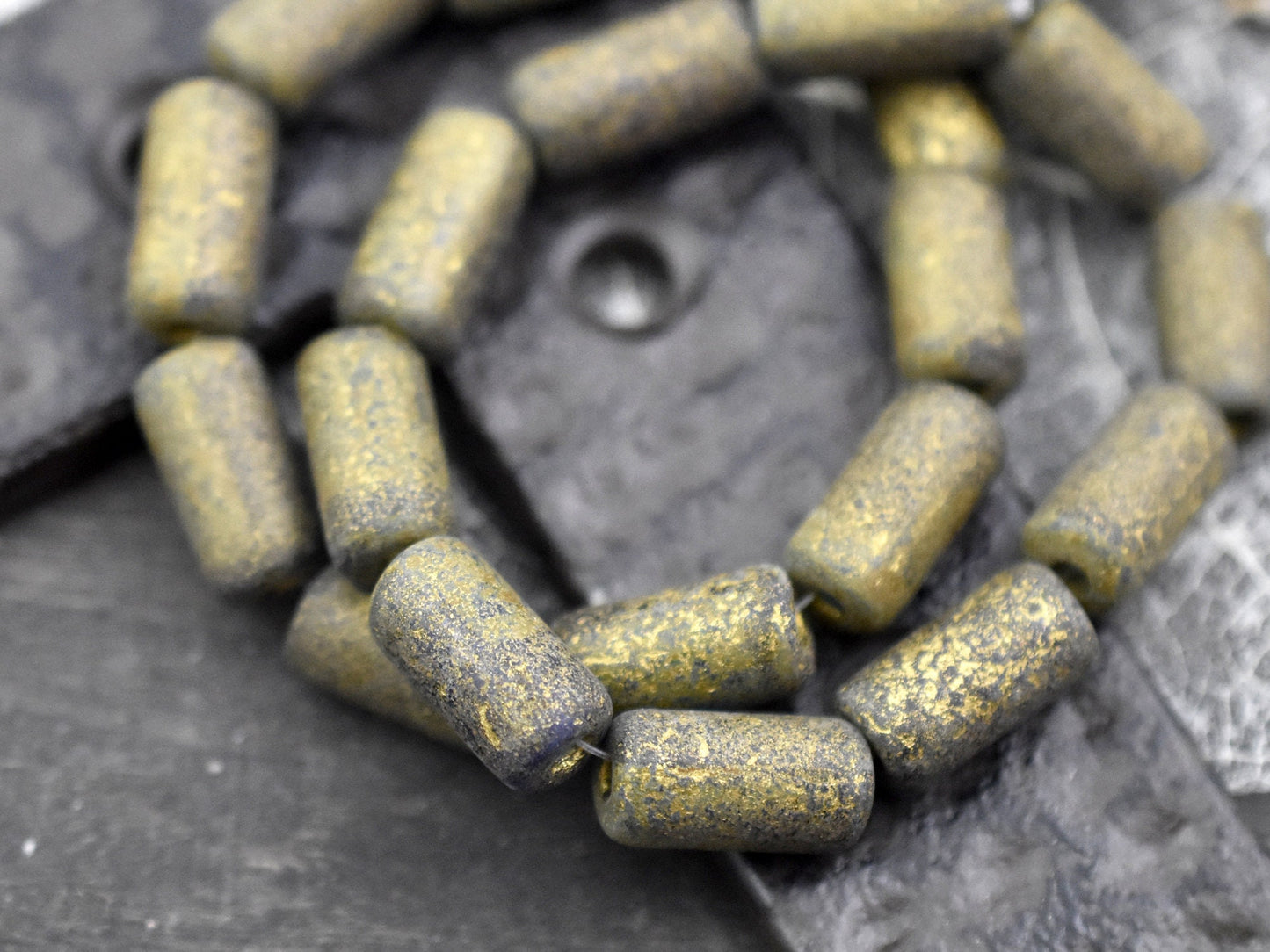 Etched Beads - Tube Beads - Czech Glass Beads - Blue Beads - Large Hole Beads - Picasso Beads - 14x7mm - 10pcs (787)