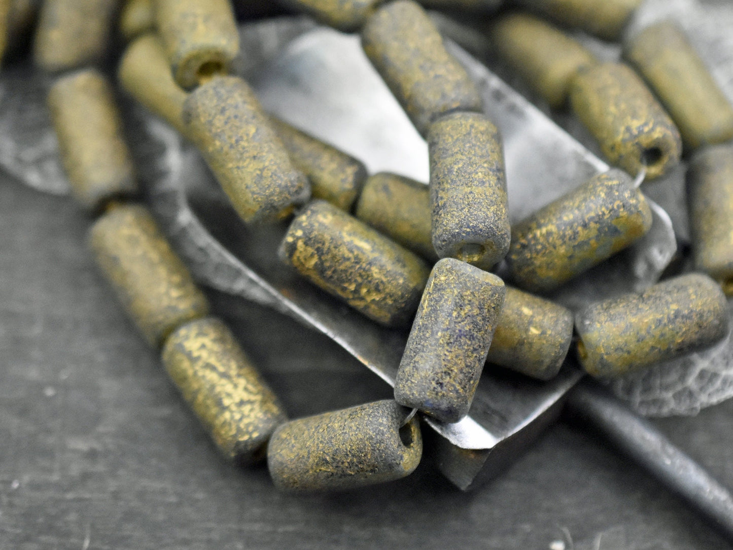 Etched Beads - Tube Beads - Czech Glass Beads - Blue Beads - Large Hole Beads - Picasso Beads - 14x7mm - 10pcs (787)