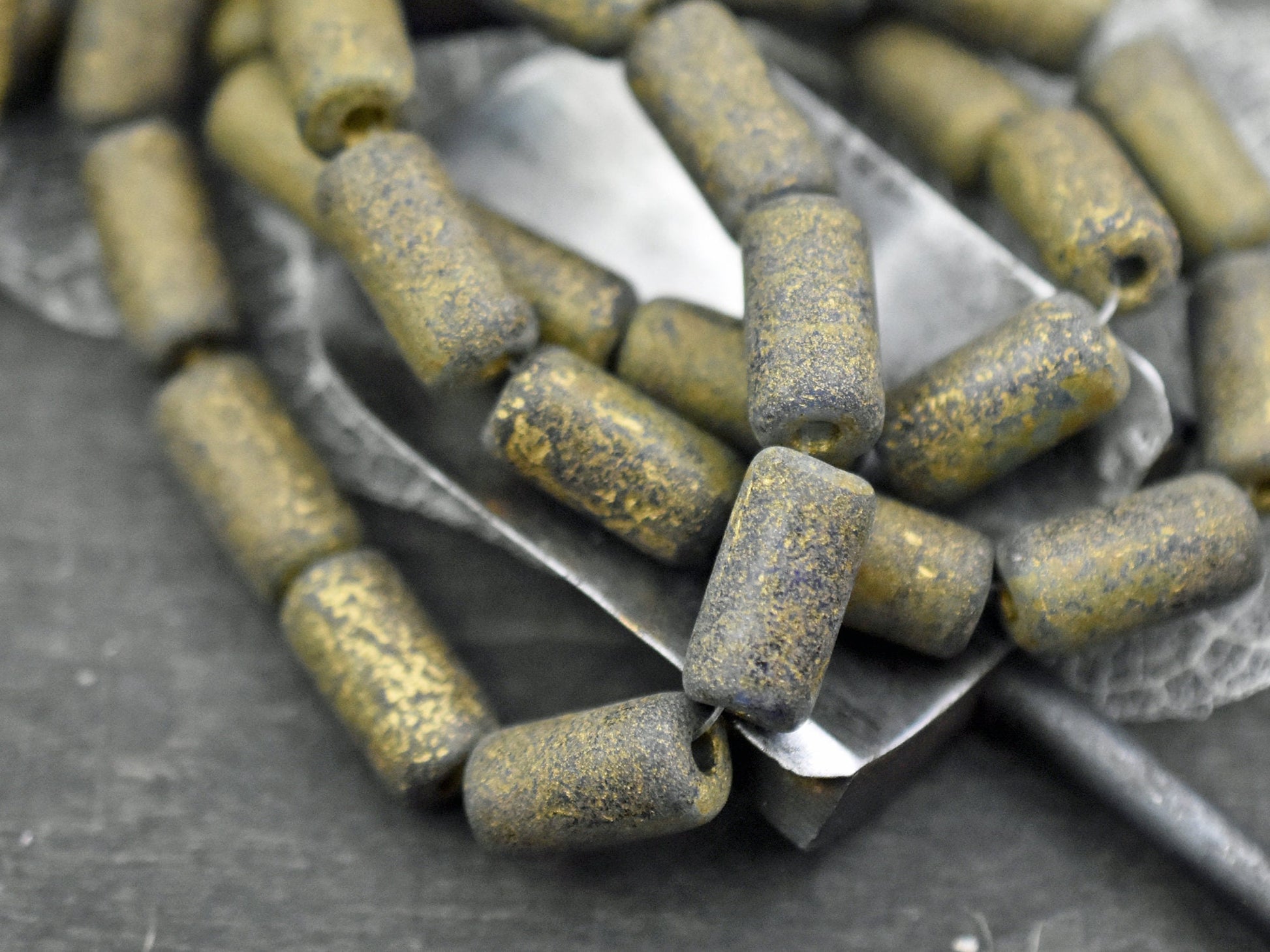 Etched Beads - Tube Beads - Czech Glass Beads - Blue Beads - Large Hole Beads - Picasso Beads - 14x7mm - 10pcs (787)