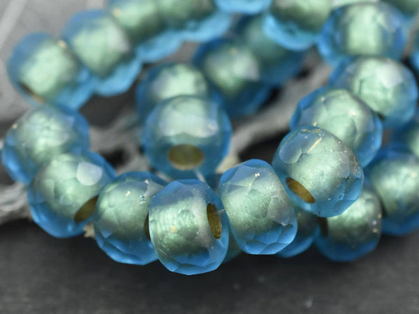 *4* 8x12mm Gold Washed Matte Blue Aqua Faceted Large Hole Rondelle Roller Beads