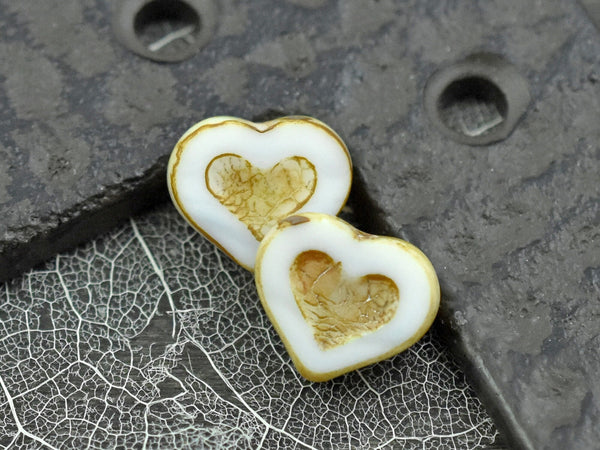 Czech Glass Beads - Heart Beads - Valentines Beads - Travertine Beads - Picasso Beads - 14x12mm - 6pcs - (3904)