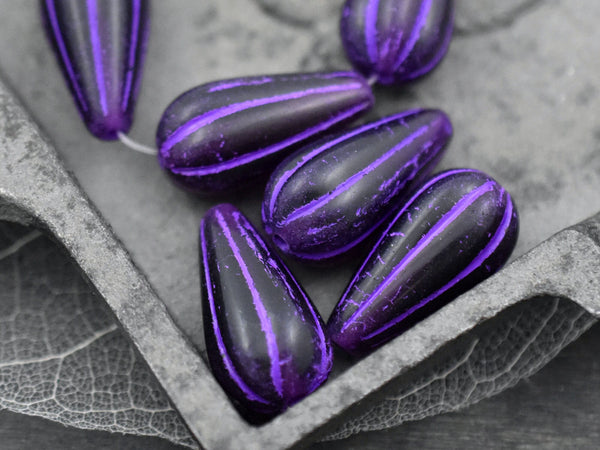 Czech Glass Beads - Melon Beads - Picasso Beads - Tear Drop Beads - Purple Beads - 22x11mm - 2pcs - (4990)