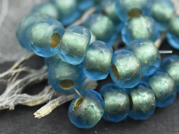 *4* 8x12mm Gold Washed Matte Blue Aqua Faceted Large Hole Rondelle Roller Beads