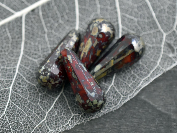 Picasso Beads - Czech Glass Beads - Tear Drop Beads - Red Beads - 6pcs - 9x19mm - (457)