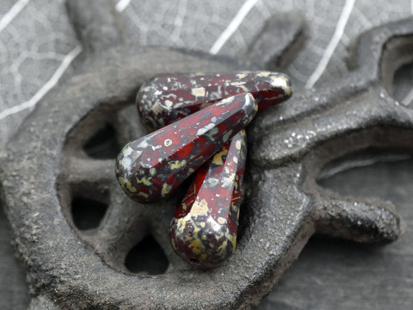 Picasso Beads - Czech Glass Beads - Tear Drop Beads - Red Beads - 6pcs - 9x19mm - (457)