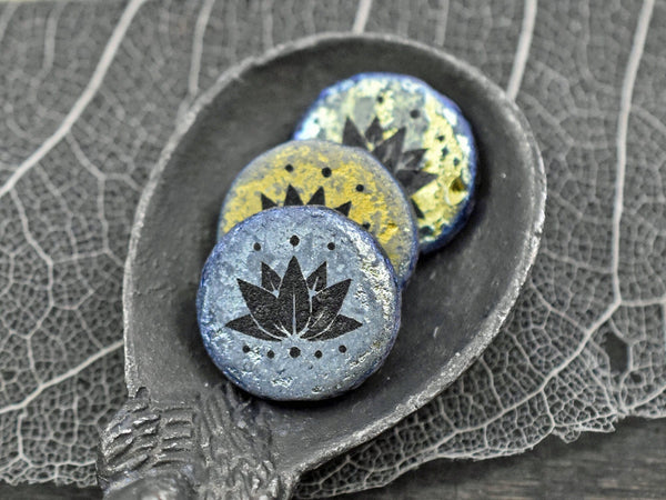 Czech Glass Beads - Laser Etched Beads - Lotus Flower Beads - Tattoo Beads - 14mm - 4pcs - (252)