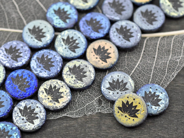Czech Glass Beads - Laser Etched Beads - Lotus Flower Beads - Tattoo Beads - 14mm - 4pcs - (252)