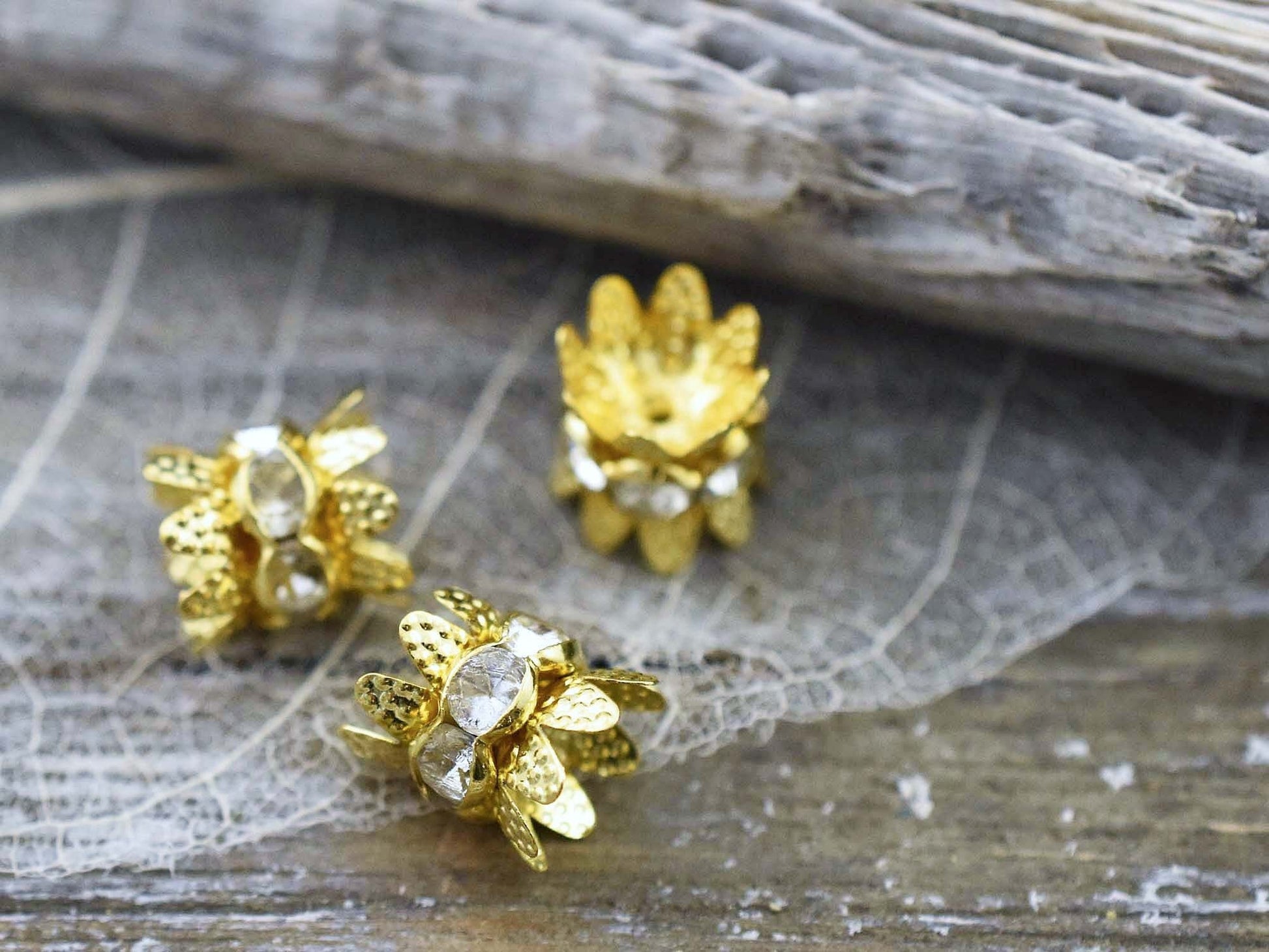 Rhinestone Beads - Double Sided Bead Cap - Gold Rhinestone Beads - Spacer Beads - Metal Beads - 10pcs - 10x8mm - (3794)