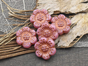 Flower Beads - Czech Glass Beads - Picasso Beads - Wild Flower Beads - Pink Flower Beads - 14mm - 6pcs - (5566)