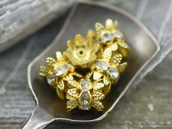 Rhinestone Beads - Double Sided Bead Cap - Gold Rhinestone Beads - Spacer Beads - Metal Beads - 10pcs - 10x8mm - (3794)