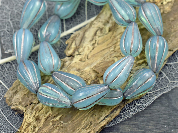 Czech Glass Beads - Melon Beads - Teardrop Beads - Vaseline Beads - Drop Beads - 10pcs - 13x8mm - (5051)