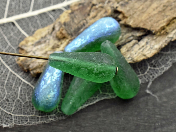 Czech Glass Beads - Teardrop Beads - Etched Beads - Green Beads - Drop Beads - Czech Beads - 19x9mm - 6pcs - (956)