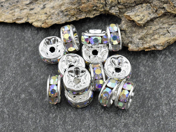 Rhinestone Rondelle - Silver Spacer Bead - Rhinestone Beads - Crystal Spacers - Rhinestone Spacers - Choose Your Size