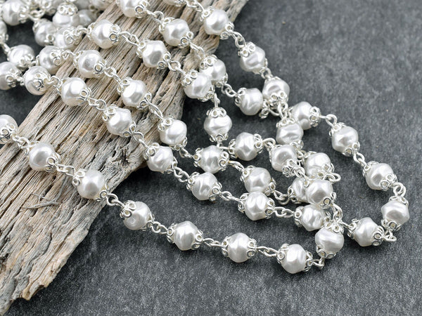 Pearl Chain - Rosary Chain - Beaded Chain - DIY Wedding - Wedding Jewelry - 6mm Beads - Czech Glass Beads - Sold by the foot - (CH14-A)