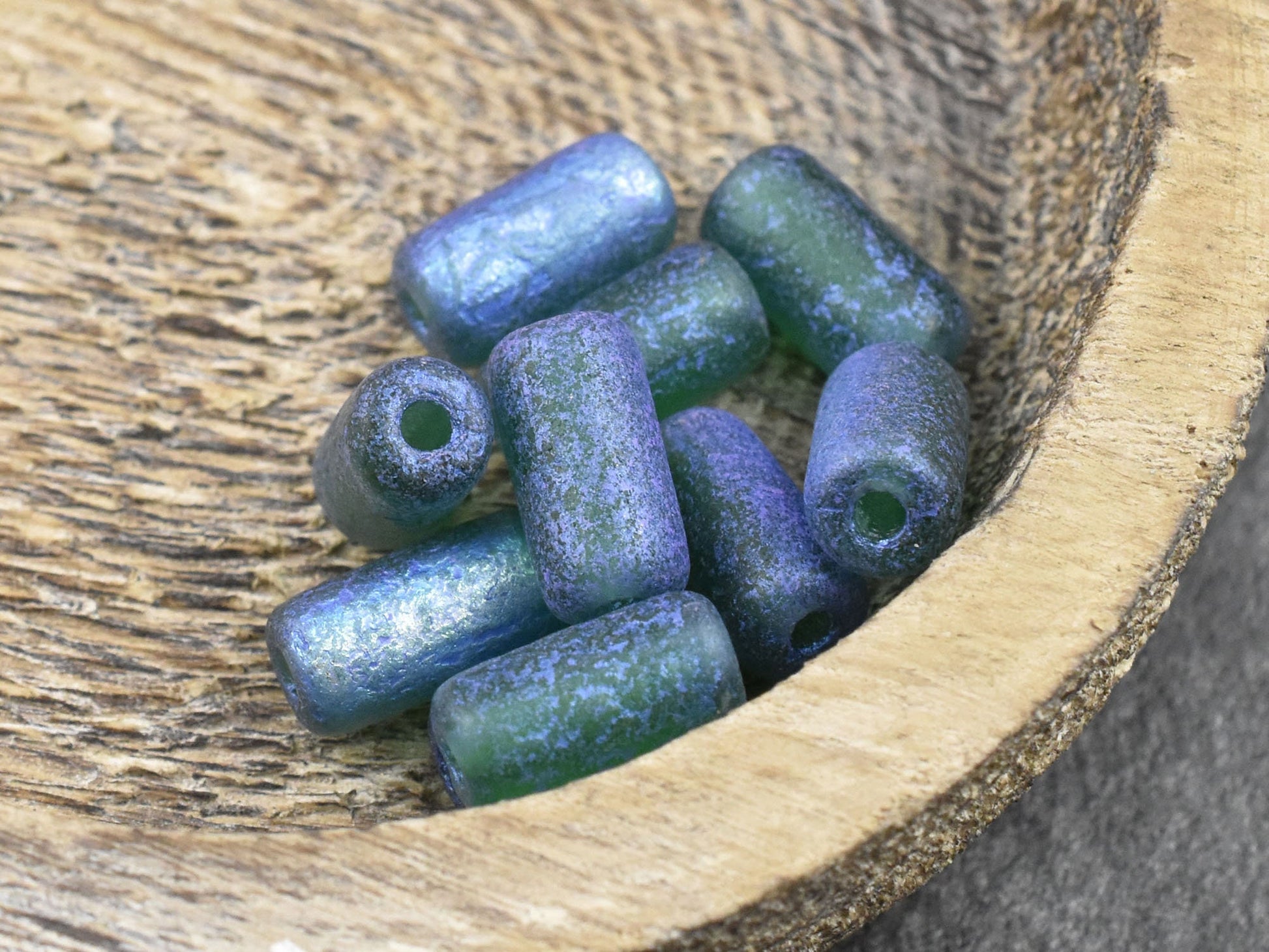 Czech Glass Beads - Large Hole Beads - Etched Beads - Tube Beads - Picasso Beads - 14x7mm - 10pcs (4062)