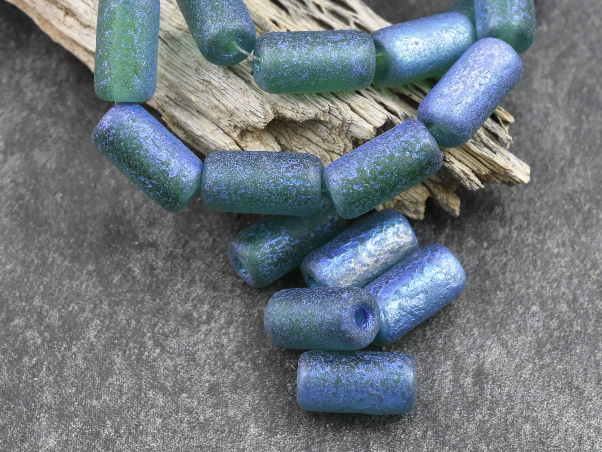 Czech Glass Beads - Large Hole Beads - Etched Beads - Tube Beads - Picasso Beads - 14x7mm - 10pcs (4062)