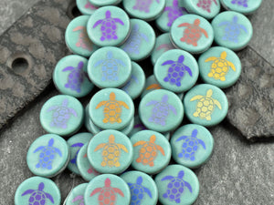 Turtle Beads - Czech Glass Beads - Laser Etched Beads - Sealife Beads - Laser Tattoo Beads - 14mm - 8pcs - (5110)