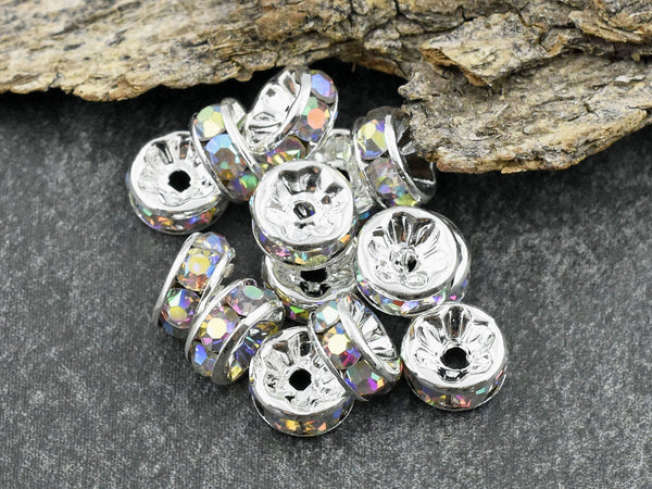 Rhinestone Rondelle - Silver Spacer Bead - Rhinestone Beads - Crystal Spacers - Rhinestone Spacers - Choose Your Size