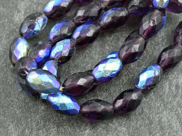 Czech Glass Beads - Etched Beads - Purple Beads - Fire Polished Beads - Oval Beads - 12x8mm - 12pcs (829)
