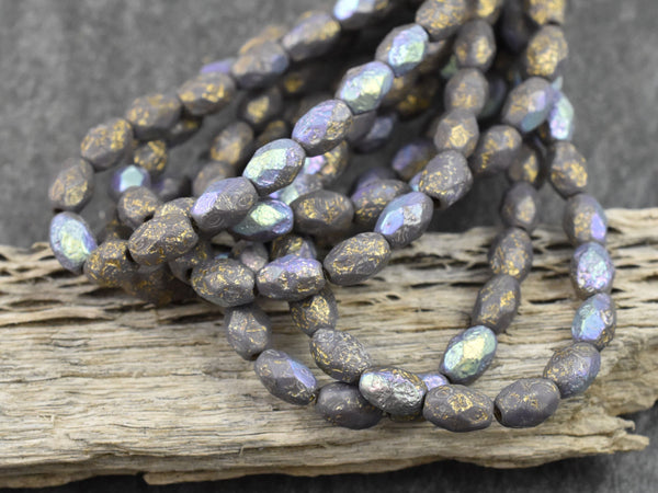Czech Glass Beads - Etched Beads - Purple Beads - Fire Polished Beads - Oval Beads - 5x7mm - 20pcs (476)