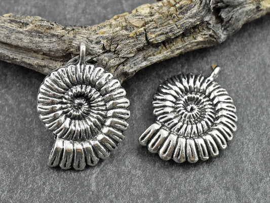 Metal Pendant - Shell Pendant - Nautilus Pendant - Silver Pendants - Beach Pendant - 37x27mm - 2pcs - (3129)