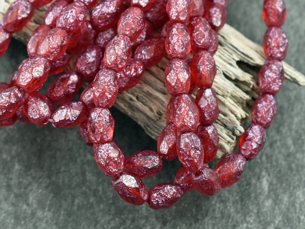Czech Glass Beads - Etched Beads - Red Beads - Fire Polished Beads - Oval Beads - 5x7mm - 20pcs (1224)