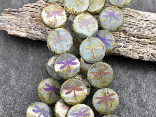 Picasso Beads - Czech Glass Beads - Laser Etched Beads - Dragonfly Beads - Tattoo Beads - 14mm - 8pcs - (1362)