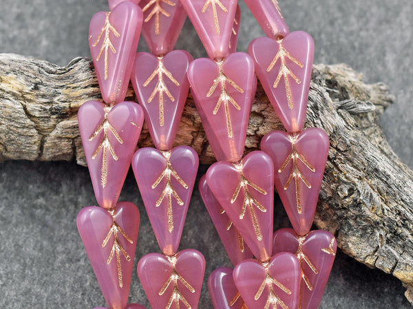 Czech Glass Beads - Heart Beads - Leaf Beads - Pink Beads - Valentines Day Beads - 17x11mm - 8pcs (245)