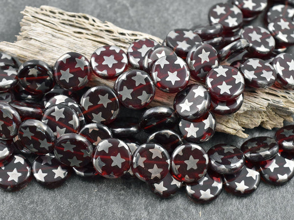 Czech Glass Beads - 4th of July Beads - Patriotic Beads - Vintage Beads - Star Beads - 14mm - 15pcs - (B555)