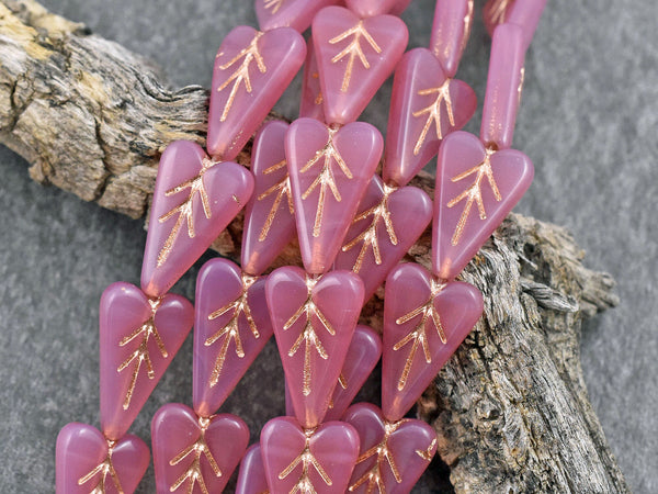 Czech Glass Beads - Heart Beads - Leaf Beads - Pink Beads - Valentines Day Beads - 17x11mm - 8pcs (245)