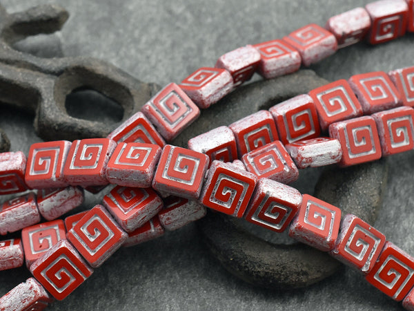 Czech Glass Beads - Greek Key Beads - Picasso Beads - Tile Beads - Square Beads - 9mm - 12pcs - (2945)