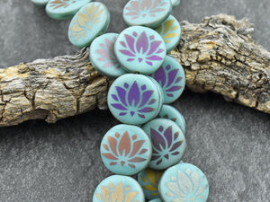 Lotus Flower Beads - Czech Glass Beads - Laser Etched Beads - Laser Tattoo Beads - 14mm - 8pcs - (1602)