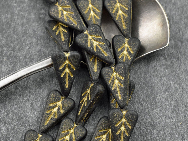 Czech Glass Beads - Heart Beads - Leaf Beads - Black Hearts - Valentines Day Beads - Goth Beads - 17x11mm - 8pcs (A373)