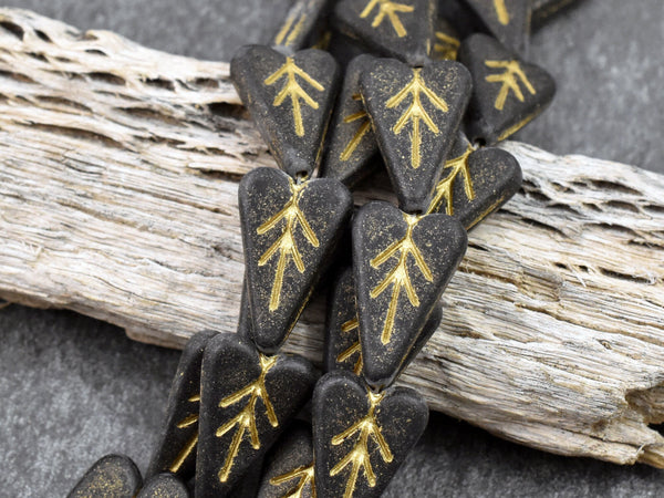 Czech Glass Beads - Heart Beads - Leaf Beads - Black Hearts - Valentines Day Beads - Goth Beads - 17x11mm - 8pcs (A373)