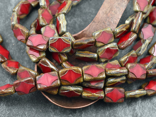 Czech Glass Beads - Picasso Beads - Rectangle Beads - Red Beads - 12x8mm - 16pcs (A732)