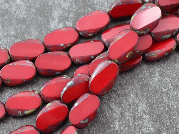 Czech Glass Beads - Picasso Beads - Oval Beads - Red Beads - 10x15- 9pcs (A736)