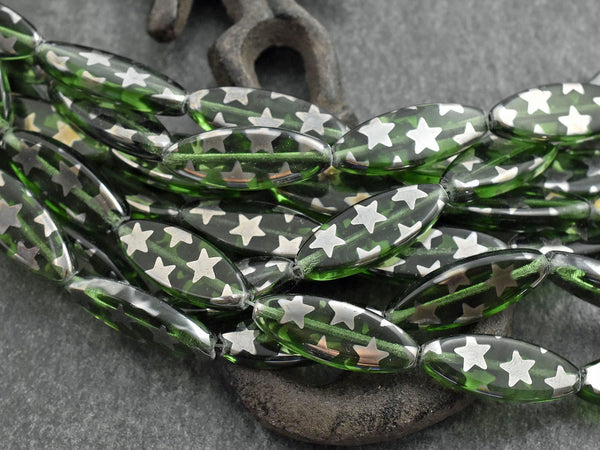 Czech Glass Beads - Star Beads - Patriotic Beads - Vintage Beads - Spindle Beads - 25x10mm - 8pcs - (1500)