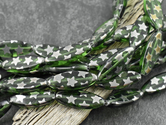 Czech Glass Beads - Star Beads - Patriotic Beads - Vintage Beads - Spindle Beads - 25x10mm - 8pcs - (1500)