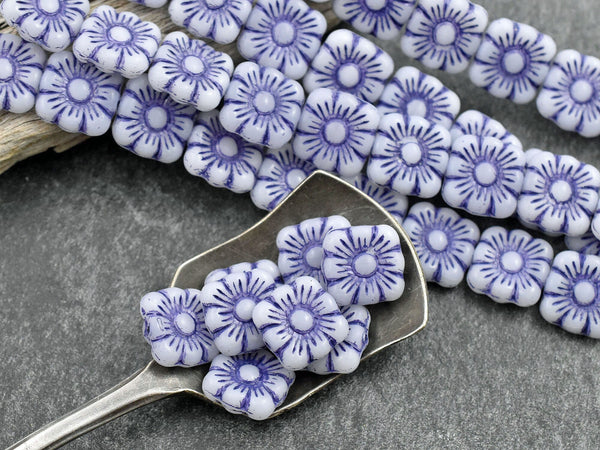 *10* 11mm Purple Washed Alabaster White Square Flower Beads, Women's